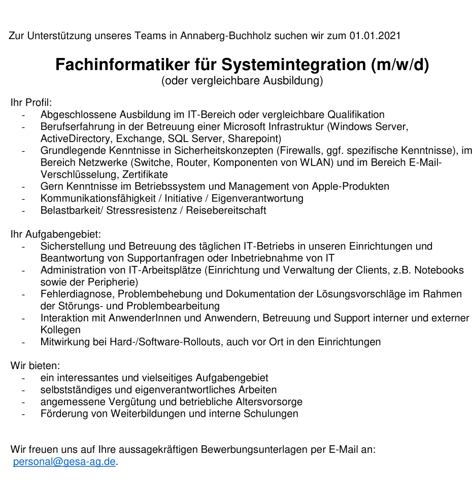 Fachinformatiker für Systemintegration (m/w/d) - SGB