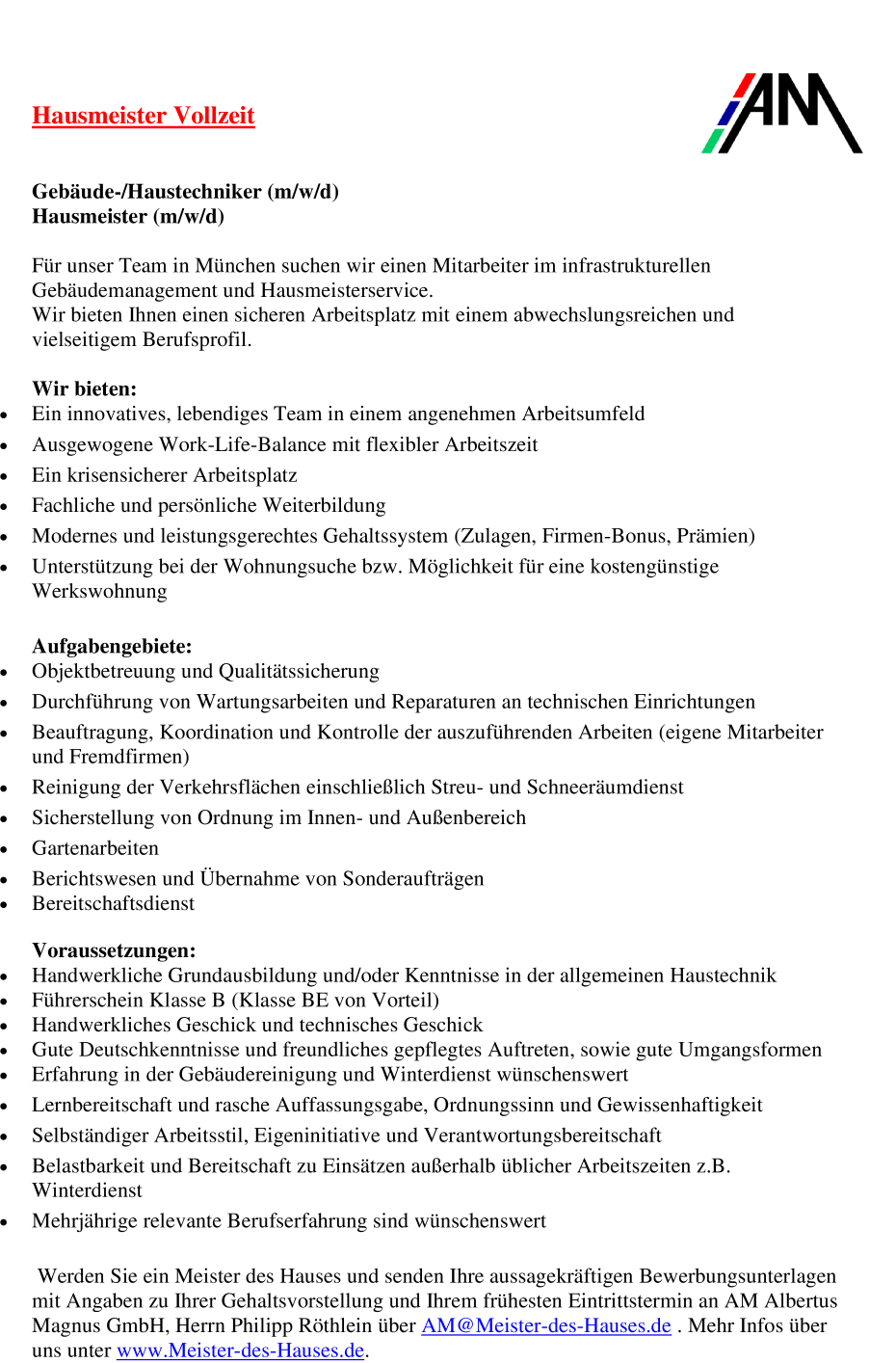 Hausmeister (m/w/d) - AM Albertus Magnus GmbH | Jobs Stellenangebote In ...